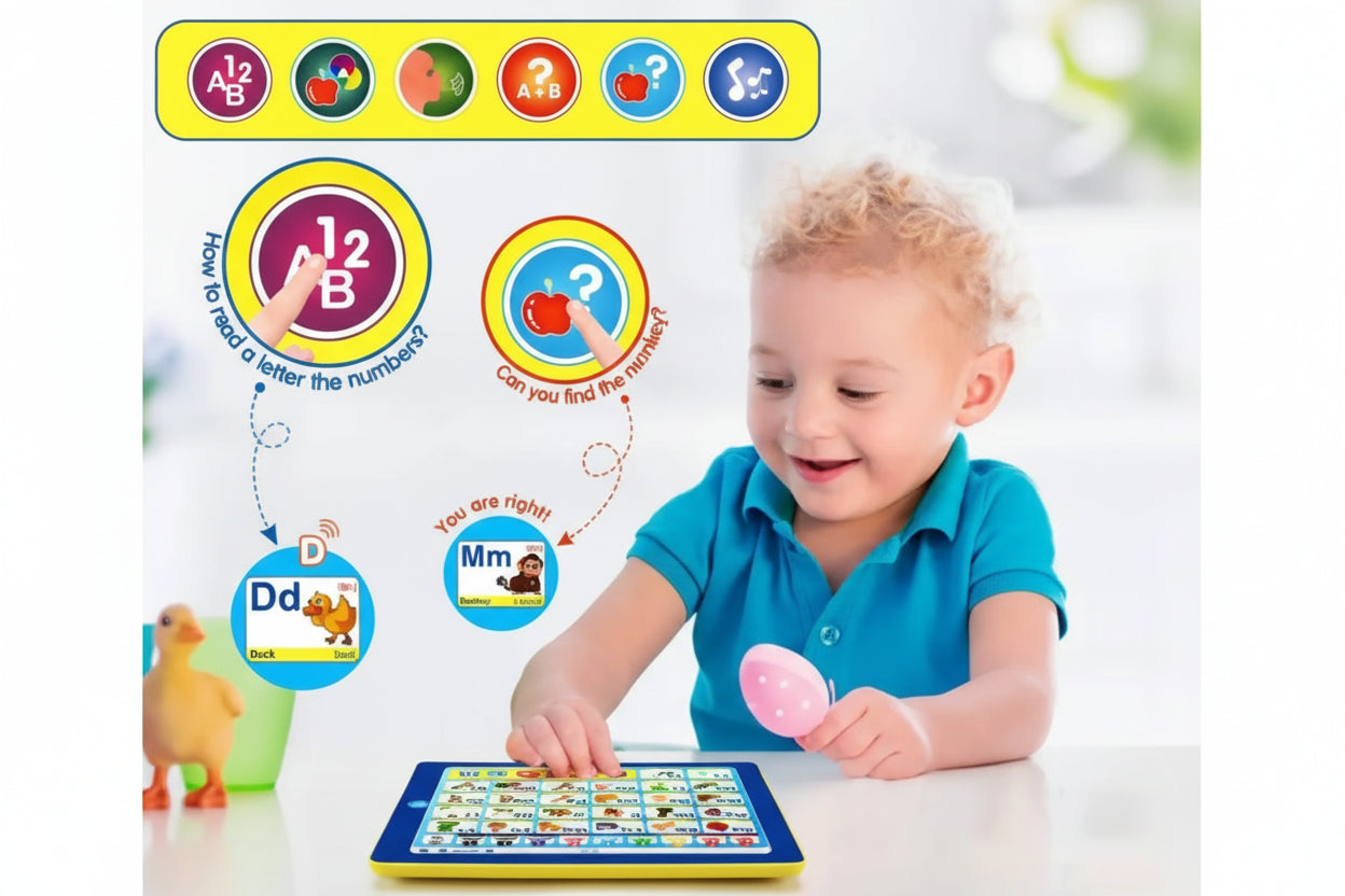 Child playing with an educational toy that teaches letters and numbers.
