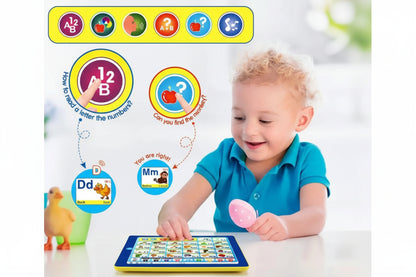 Child playing with an educational toy that teaches letters and numbers.