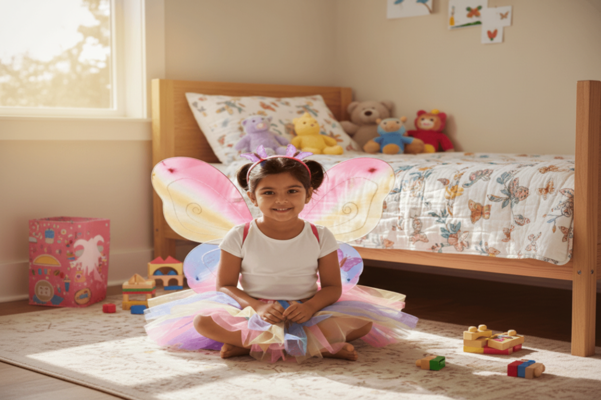 Child in a fairy costume with butterfly wings in a bedroom with toys and a bed.