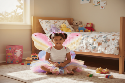 Child in a fairy costume with butterfly wings in a bedroom with toys and a bed.