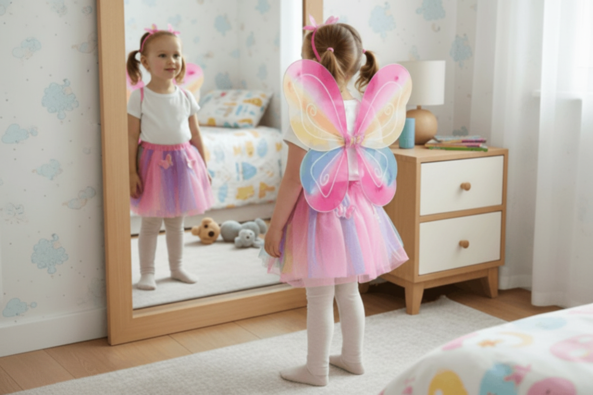 Child wearing a colorful butterfly costume in a bedroom