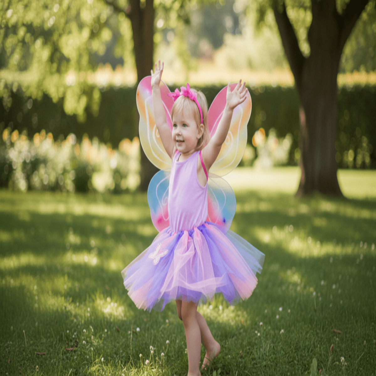 Child in a colorful fairy costume with wings standing on grass