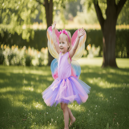 Child in a colorful fairy costume with wings standing on grass