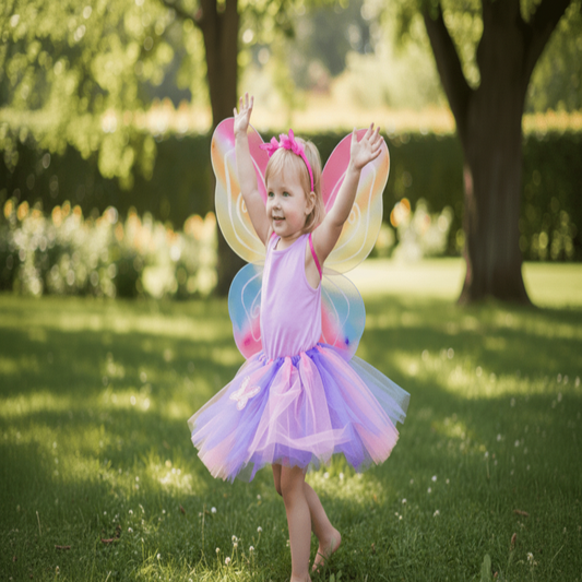 Child in a colorful fairy costume with wings standing on grass