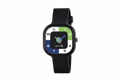 Wristwatch with a black strap and colorful face on a white background