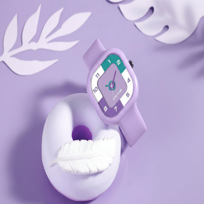 Purple watch with a white strap on a purple background