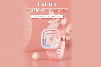 Pink plastic quartz watch on a pink background with text about color contrast style.