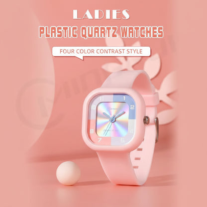 Pink plastic quartz watch on a pink background with text about color contrast style.