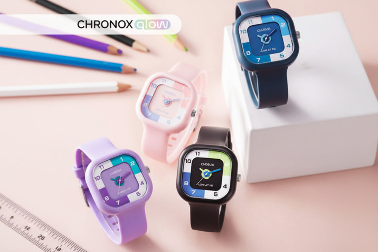 Four colorful watches with 'Chronox Glow' branding on a light background.