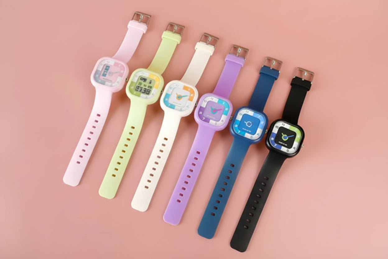 Colorful smartwatches with different colored bands on a pink background