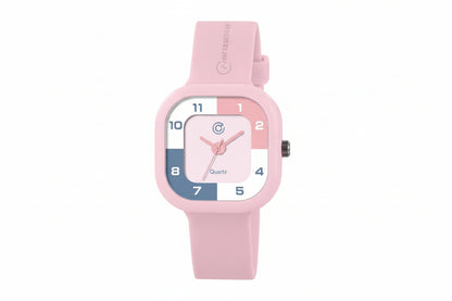 Pink watch with a unique design on a white background