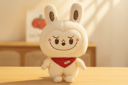 Plush toy with a cute face design on a wooden surface