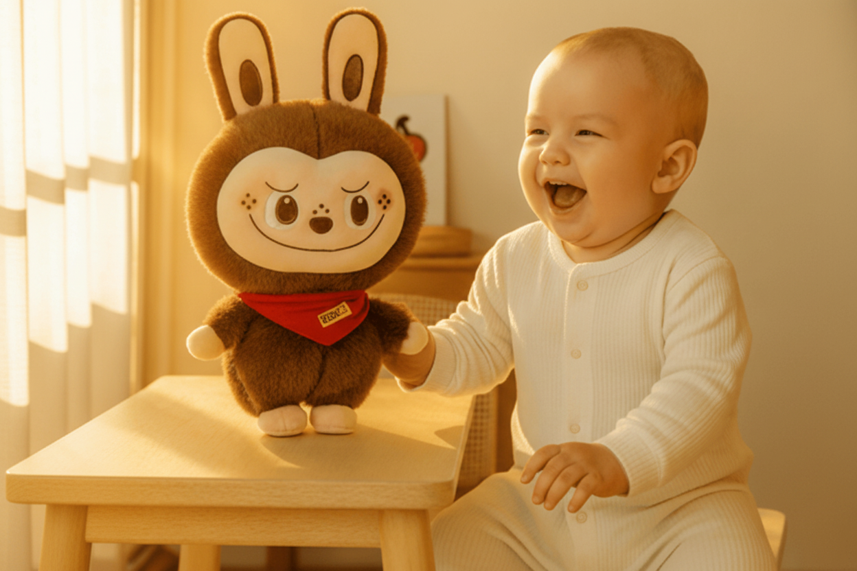 Child holding a plush toy with a cartoon face in a warm indoor setting