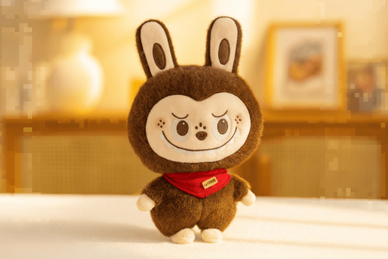 Plush toy with monkey design wearing a red bandana on a soft surface.