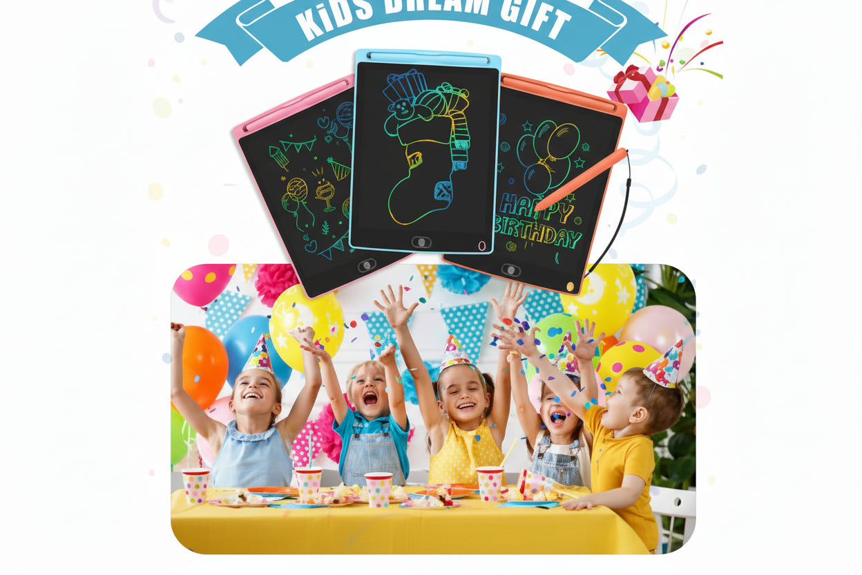 Three electronic drawing boards with colorful drawings above children celebrating a birthday.