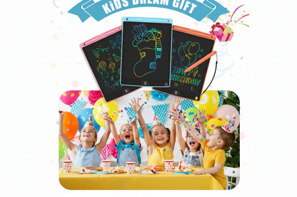 Three electronic drawing boards with colorful drawings above children celebrating a birthday.