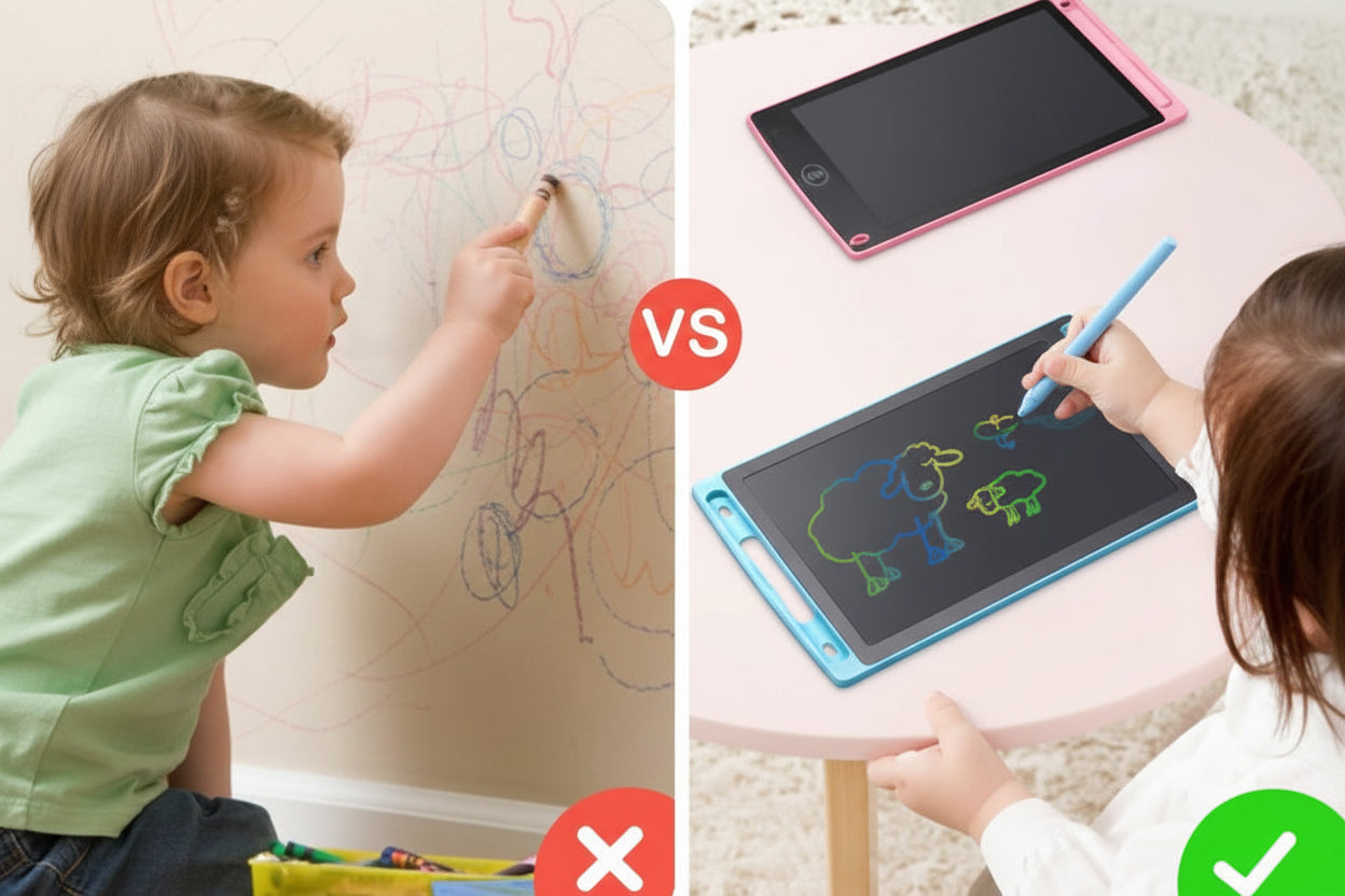 Comparison of children drawing on a wall with crayons versus using a digital drawing tablet, emphasizing environmental friendliness and no mess.
