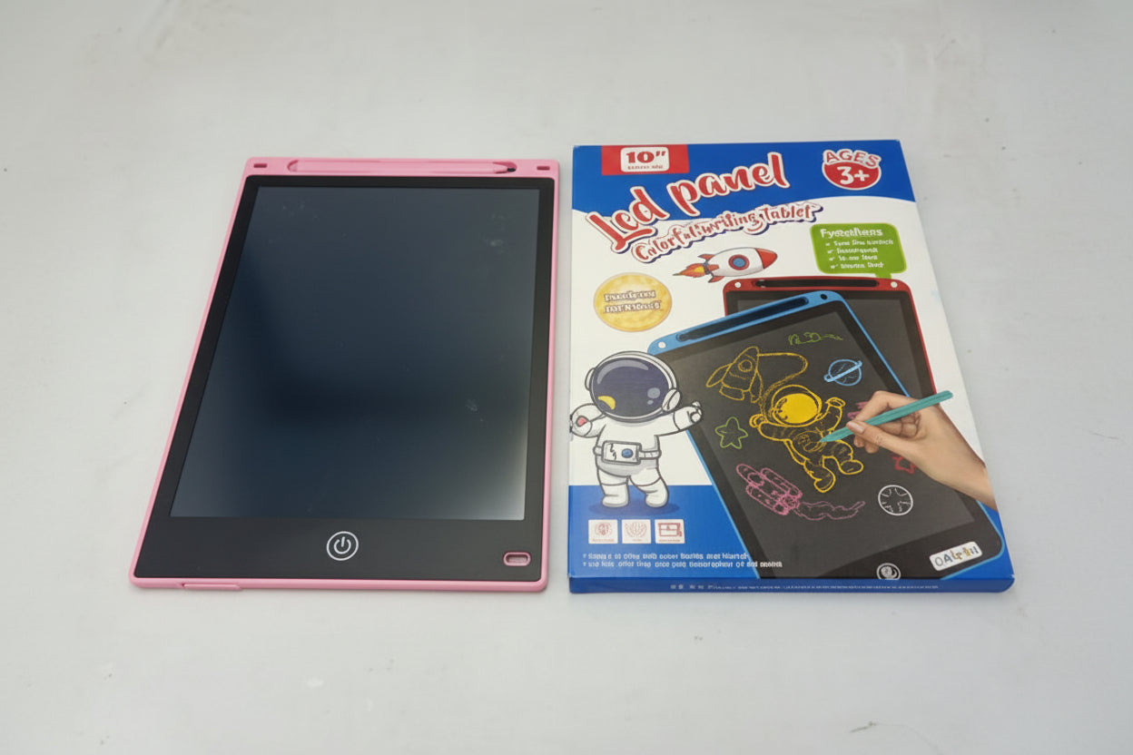 Pink electronic drawing pad with its packaging on a gray background