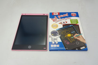 Pink electronic drawing pad with its packaging on a gray background