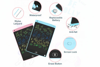 Two colorful electronic doodle boards with features highlighted on a white background.