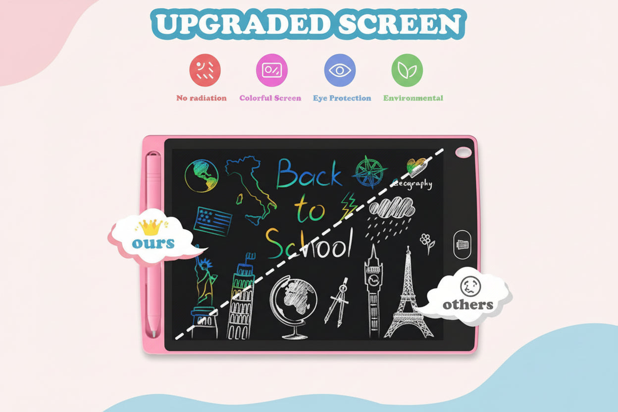 Pink electronic screen with educational drawings and text on a white background