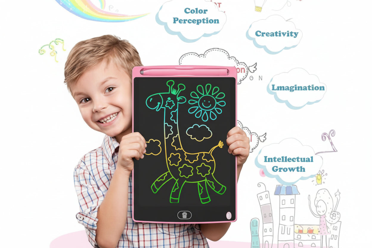 Child holding a drawing tablet with colorful drawings, surrounded by educational text.