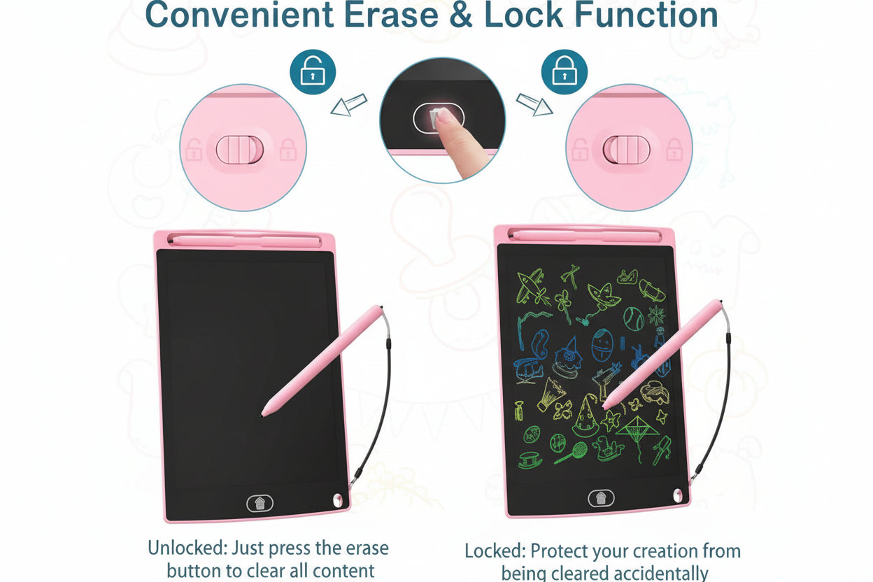Electronic doodle pad with eraser and lock function illustration