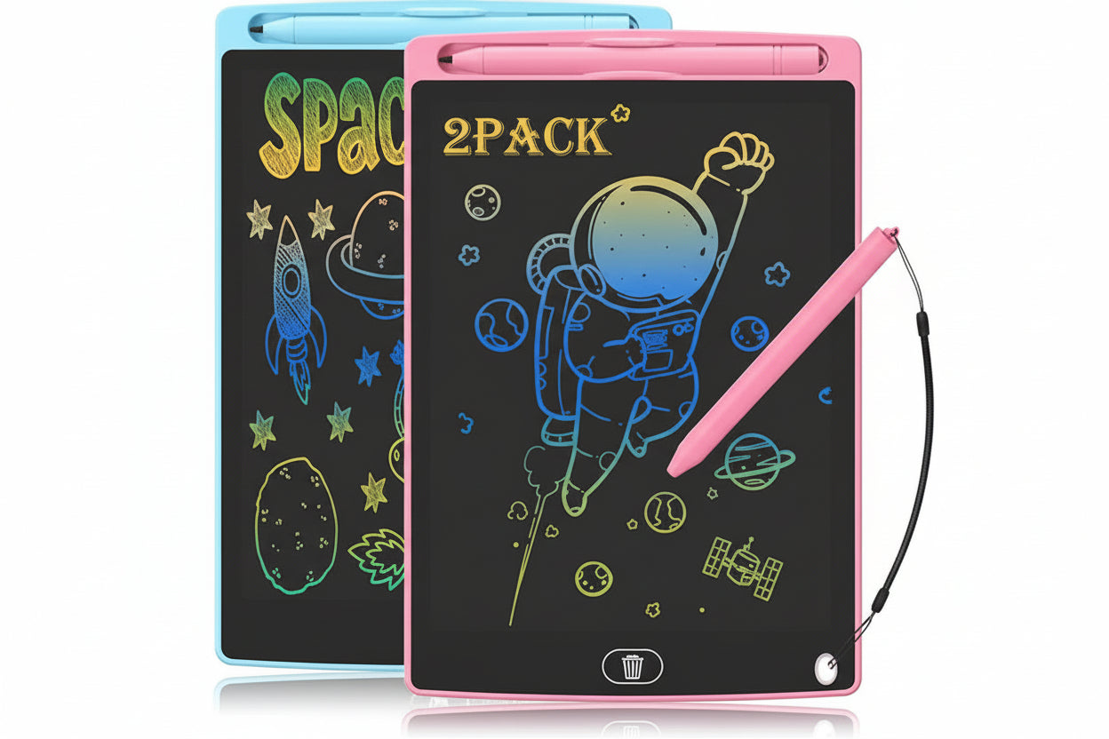 Two colorful electronic doodle boards with space-themed designs on a black background.