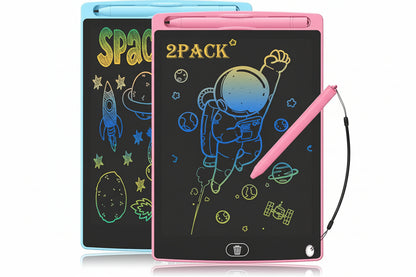 Two colorful electronic doodle boards with space-themed designs on a black background.