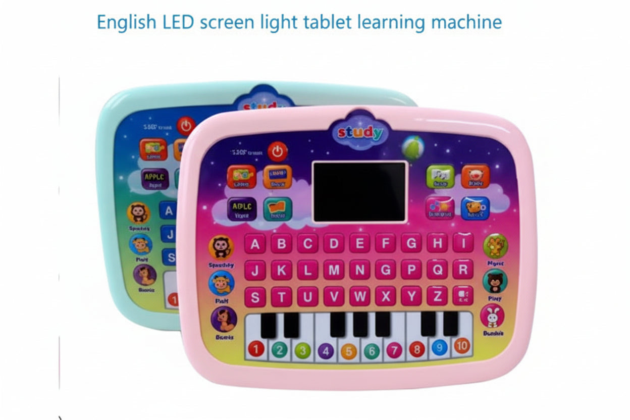 Children's educational toy tablet with LED screen and keyboard on a white background