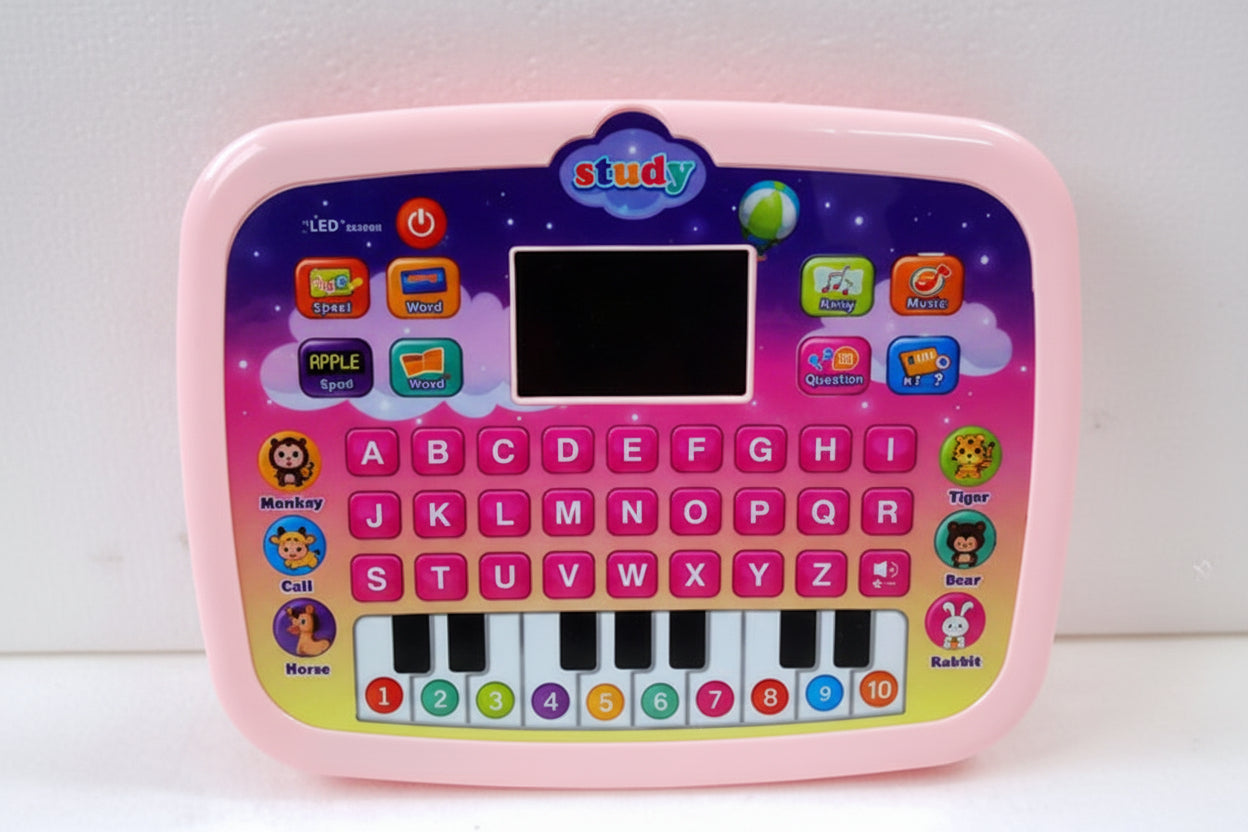 Children's toy keyboard with colorful keys and LED screen on a white background