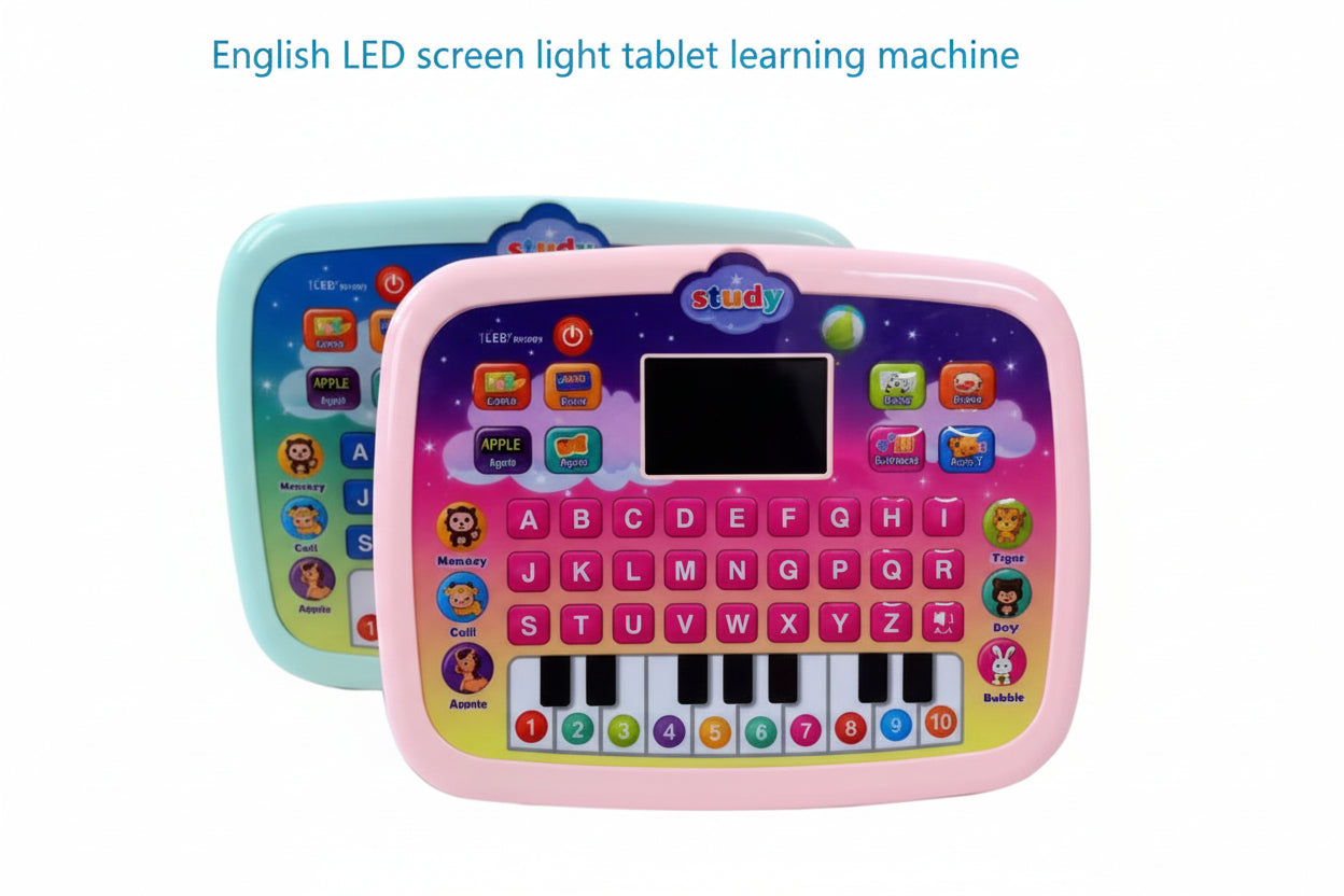 Two colorful children's learning machines with LED screens and keyboards on a white background.