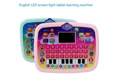 Two colorful children's learning machines with LED screens and keyboards on a white background.