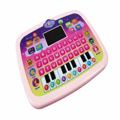 Colorful toy keyboard with alphabet and number keys on a white background