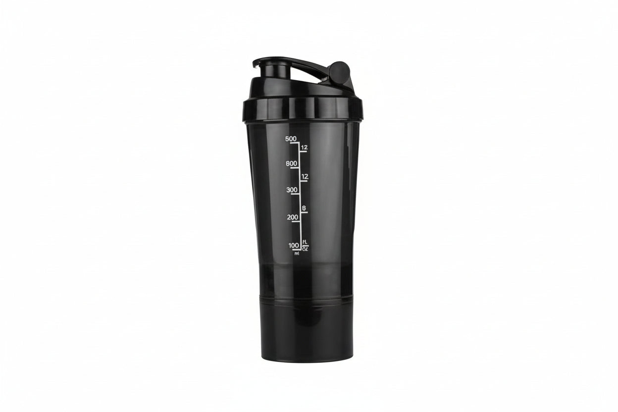 Black protein shake mixer on a white background