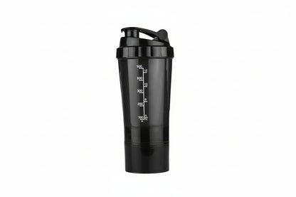 Black protein shake mixer on a white background