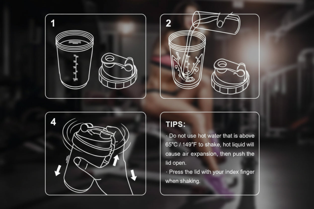 Instructions for using a coffee maker with icons and text on a blurred background