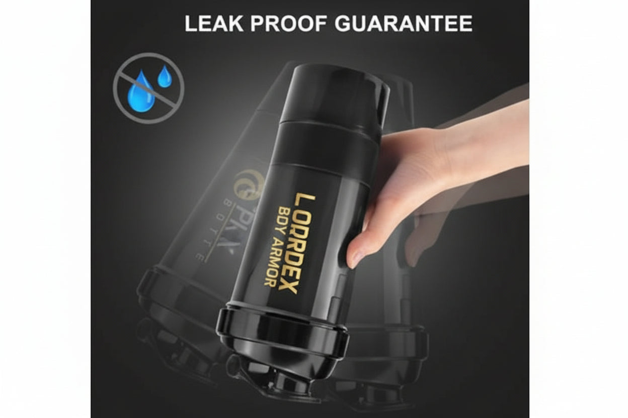 Black water bottle with 'Spider Extreme' branding on a dark background, featuring a leak-proof guarantee icon.