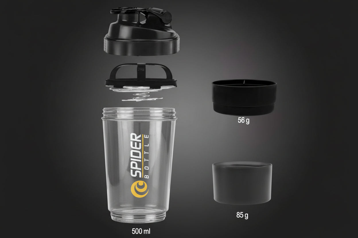 Black shaker bottle with components on a dark background