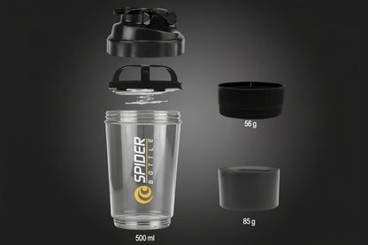 Black shaker bottle with components on a dark background