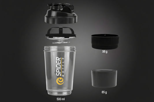 Black shaker bottle with components on a dark background