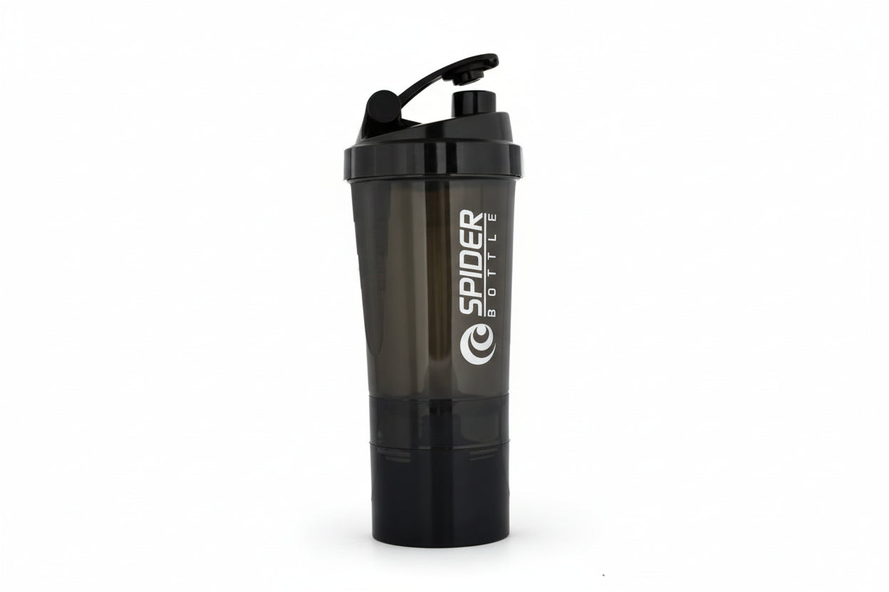 Black and transparent shaker bottle with 'Spider Bottle' logo on a white background