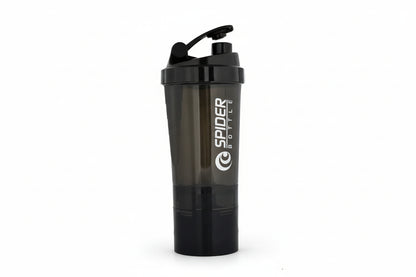 Black and transparent shaker bottle with 'Spider Bottle' logo on a white background