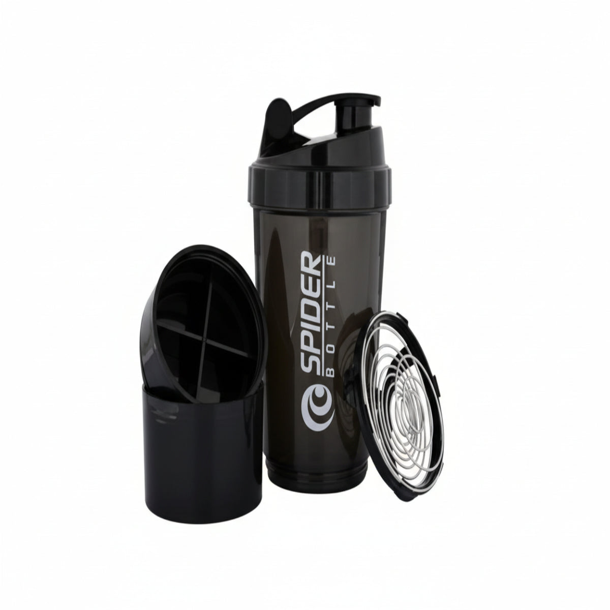 Black shaker bottle with Spider Bottle logo on a white background