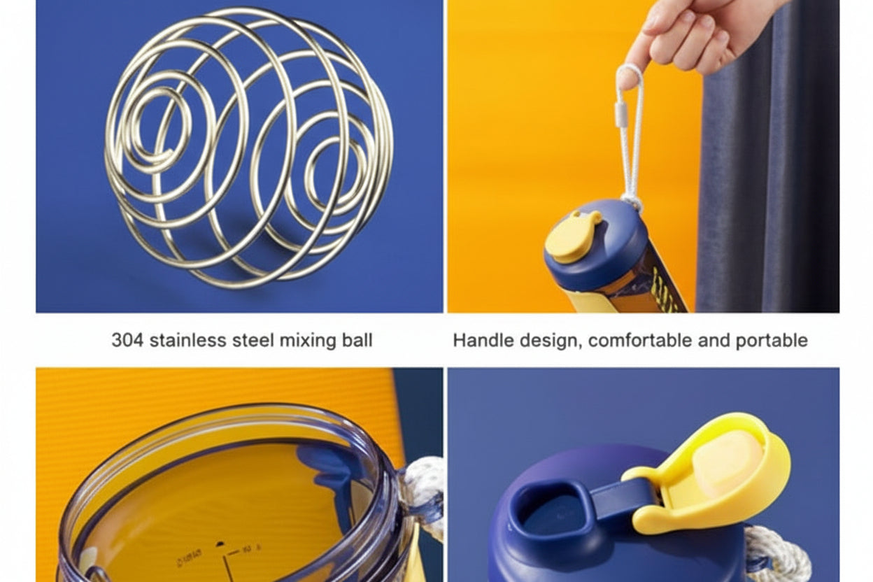 Collage of a stainless steel mixing ball with handle, shown from different angles on a blue and orange background.