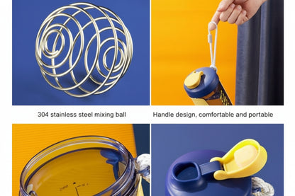 Collage of a stainless steel mixing ball with handle, shown from different angles on a blue and orange background.