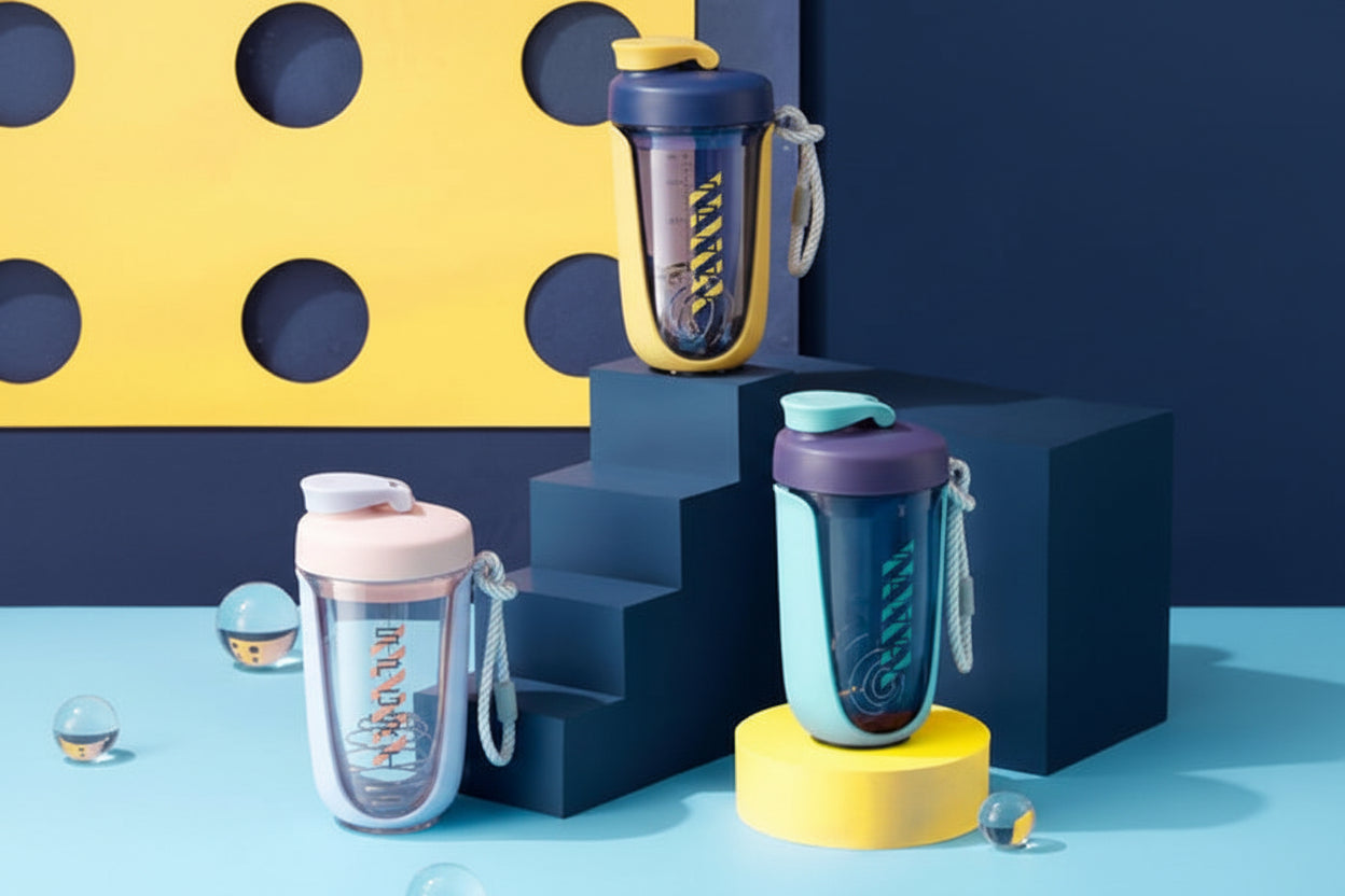Colorful shaker bottles on a geometric background