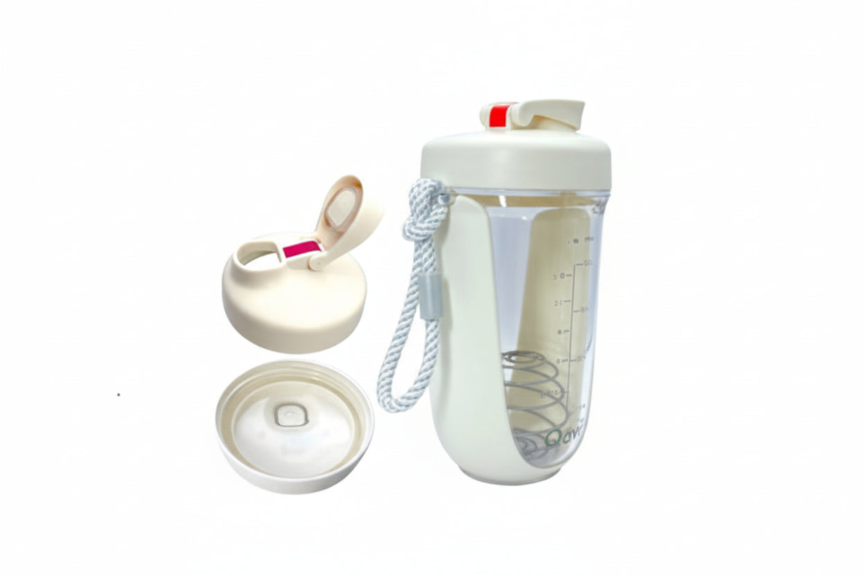 White water bottle with clear lid and components on a white background