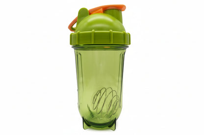 Green tumbler with a lid on a white background
