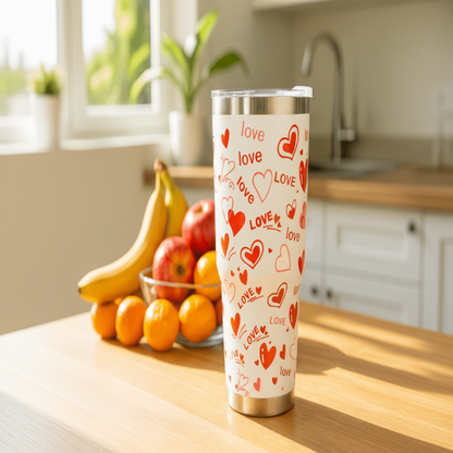 Tumbler with 'love' and heart designs on a kitchen counter with fruits and a plant.